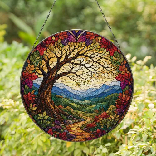 Stained Glass Autumn Tree Mountain Landscape Window Decor For Nature Loving Homes Stained Glass Suncatcher