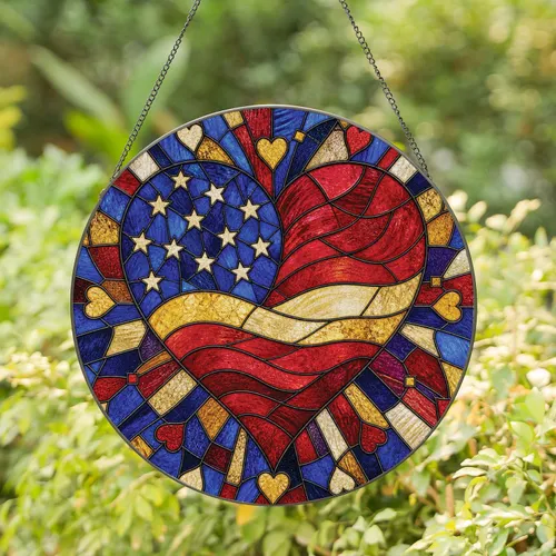 Patriotic Stained Glass Heart for Fourth of July Window Decor and Independence Day Gifts Stained Glass Suncatcher