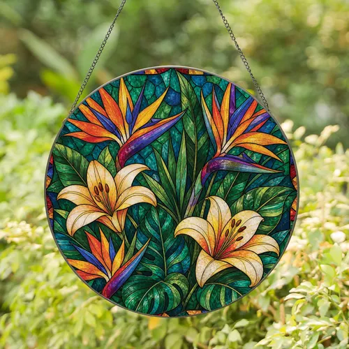 Tropical Bird Of Paradise And Lily Stained Glass Window Decor For Garden Flower Lovers Stained Glass Suncatcher
