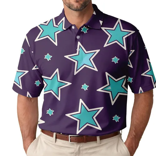 Turquoise Cyan Stars Athletic Streetwear Style For Everyday Wear Men's Polo Shirt