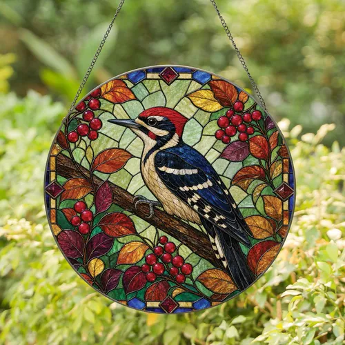 Woodpecker Stained Glass Window Decor for Autumn Bird Lovers Stained Glass Suncatcher