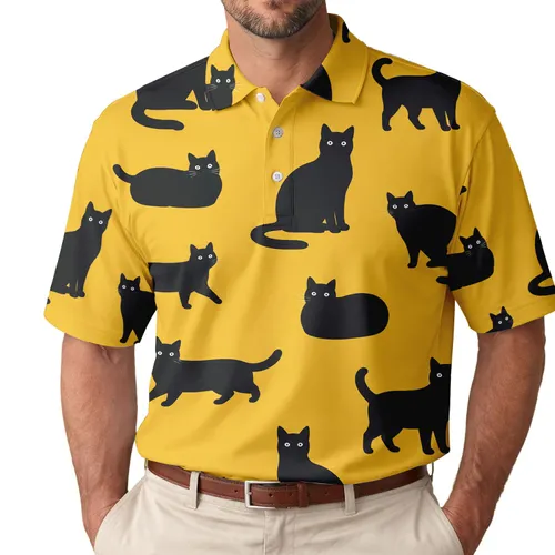 Black Cat Silhouettes On Mustard Yellow For Casual Summer Outfits And Cat Lovers Men's Polo Shirt