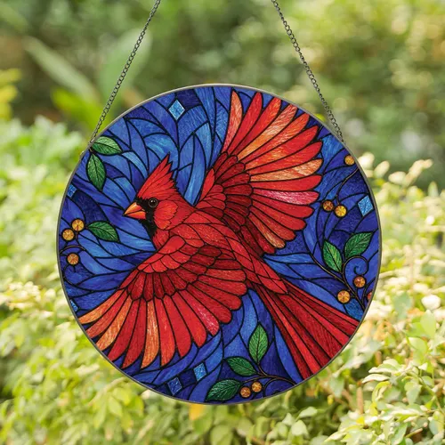 Flying Red Cardinal Stained Glass Christmas Window Decor Gift For Bird Lovers Stained Glass Suncatcher
