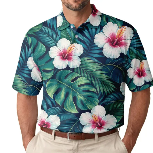 Midnight Navy Tropical Hibiscus And Palm Foliage For Resort Travel Beach Lovers Style Men's Polo Shirt