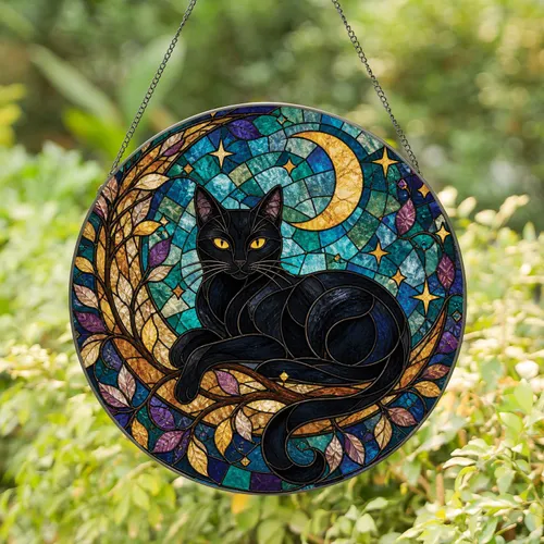 Black Cat Stained Glass Moon Night Window Decor For Gothic Boho Homes And Cat Lovers Stained Glass Suncatcher