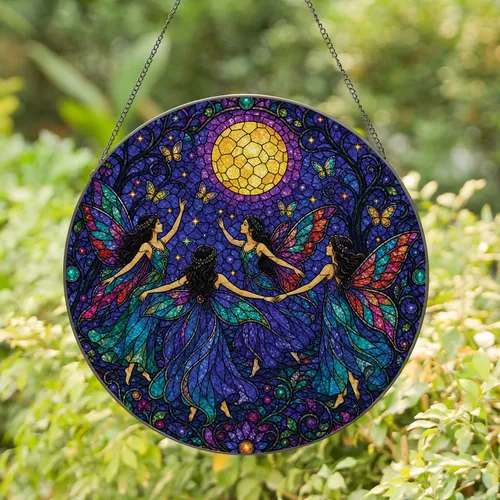 Midnight Fairy Moon Stained Glass Window Decor for Fantasy Lovers and Gift Giving Stained Glass Suncatcher