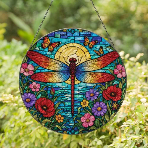 Stained Glass Dragonfly Garden Scene For Window Decor And Nature Butterfly Lovers Stained Glass Suncatcher