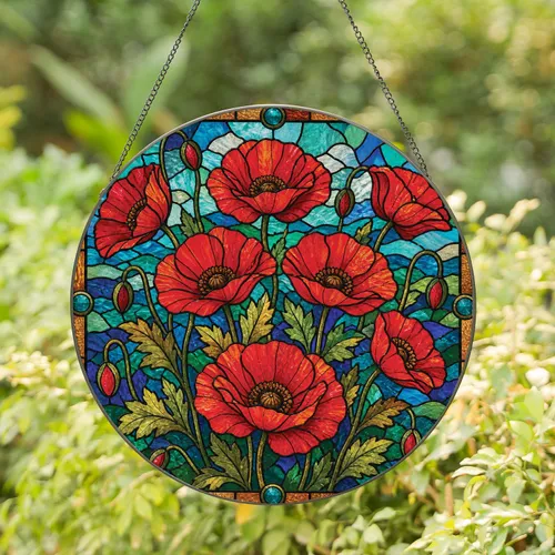 Red Poppy Stained Glass Garden Window Decor For Housewarming Gifts And Nature Lovers Stained Glass Suncatcher