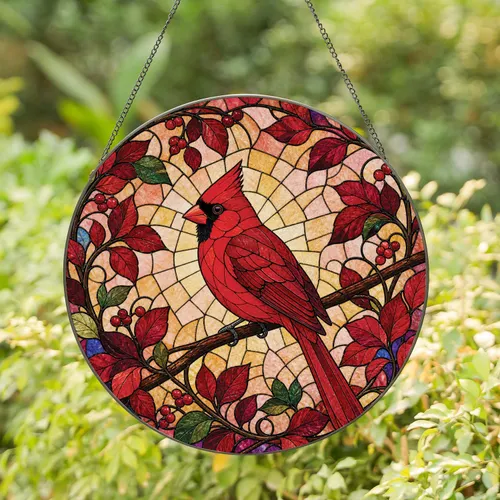 Red Cardinal Stained Glass Window Hanging for Christmas Gifts for Bird Lovers Home Decor Stained Glass Suncatcher