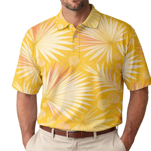 Ivory Fan Palm Leaves On Golden Yellow For Beach Vacations And Resort Outfits Men's Polo Shirt