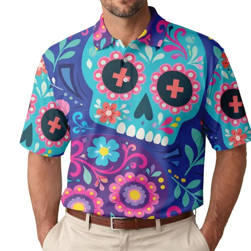Colorful Calavera Skull Duo for Festivals, Beach Trips and Casual Weekend Wear for Men Men's Polo Shirt