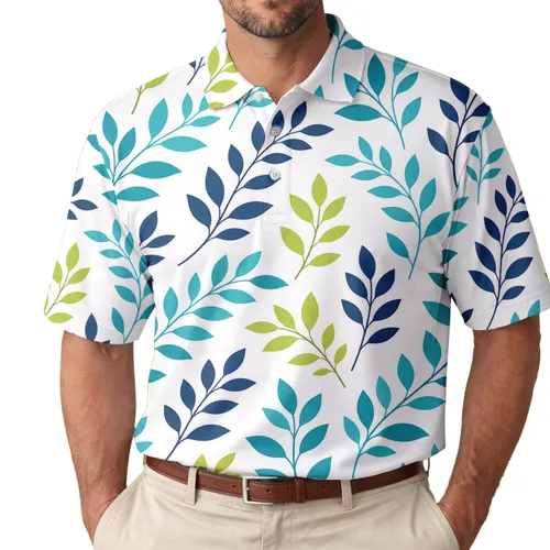 Blue Green Botanical Leaf Motif For Coastal Casual Wear And Travel Men's Polo Shirt