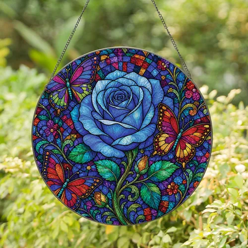 Blue Rose Butterfly Stained Glass Window Decor For Garden Lovers And Housewarming Stained Glass Suncatcher