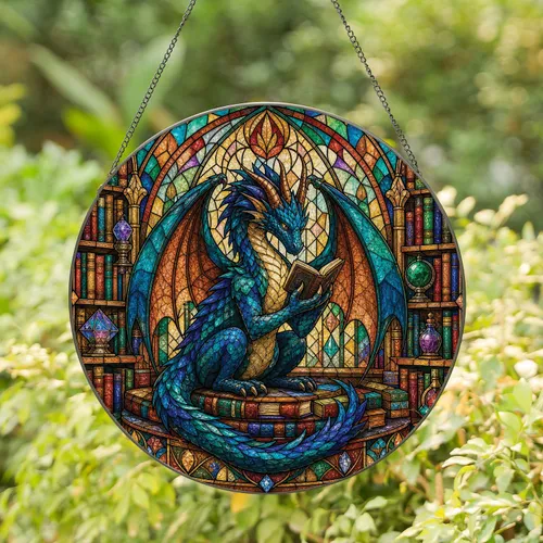 Stained Glass Dragon Reading Books In A Fantasy Library Window Decor For Book Lovers Stained Glass Suncatcher