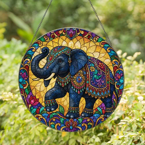 Ceremonial Indian Elephant Stained Glass Window Decor for Boho Home Lovers Stained Glass Suncatcher
