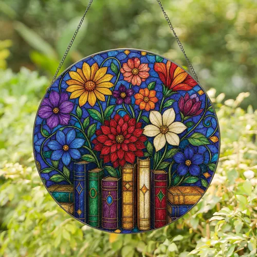 Stained Glass Floral Book Garden Window Decoration for Reading Nook Housewarming Gift Stained Glass Suncatcher
