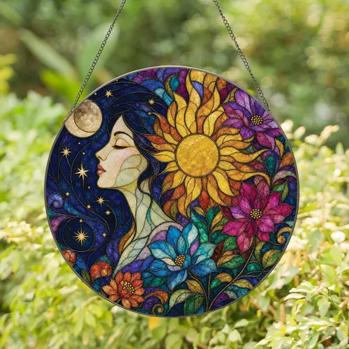 Stained Glass Sun Moon Goddess Floral Decor for Boho Home and Celestial Gift Giving Stained Glass Suncatcher