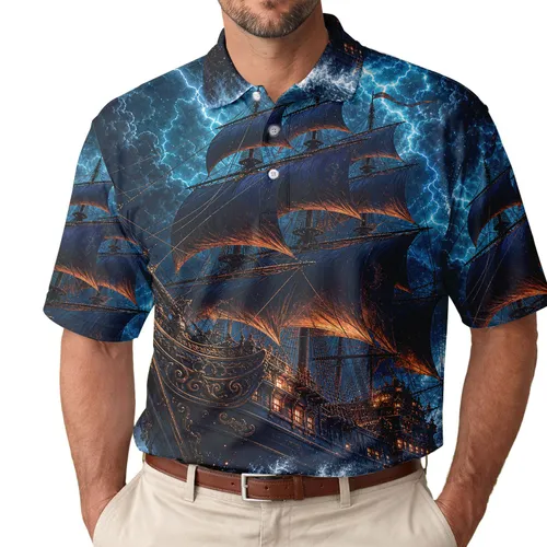 Storm Sailing Ship Ocean Lightning Adventure Style for Nautical Fantasy Cruise Travel Fans Men's Polo Shirt