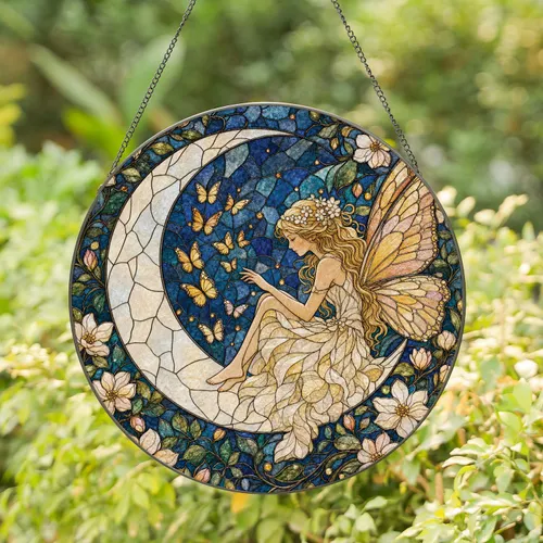 Moonlit Fairy And Butterfly Stained Glass Window Decor For Enchanted Garden Lovers Stained Glass Suncatcher