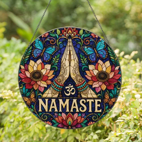 Namaste Stained Glass Lotus Hands For Bohemian Meditation Garden Decor And Yoga Lovers Stained Glass Suncatcher