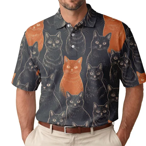 Charcoal Cat Faces With Burnt Orange Accents For Indie Everyday Casual Style Cat Lovers Men's Polo Shirt