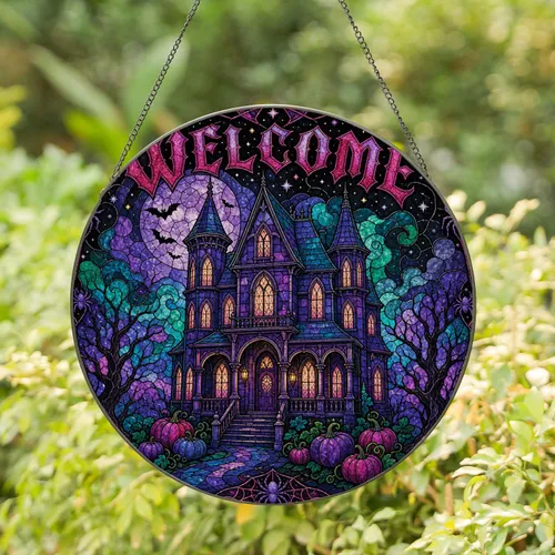 Haunted Victorian House Gothic Halloween Window Decor For Spooky Home And Party Displays Stained Glass Suncatcher