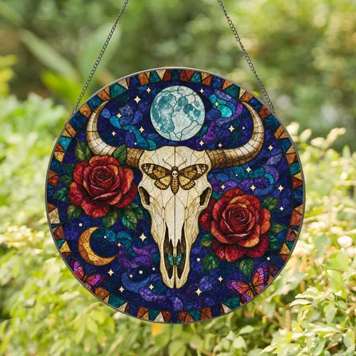 Celestial Cow Skull Roses Moon Day Of The Dead Gothic Home Decor Gift Stained Glass Suncatcher