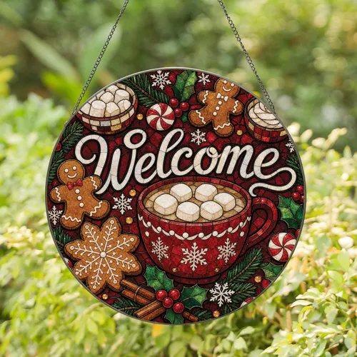 Stained Glass Welcome Cocoa And Gingerbread Decor For Christmas Kitchen And Cafe Stained Glass Suncatcher