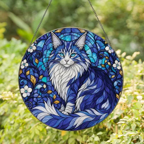Blue And White Maine Coon Cat Stained Glass Window Decor For Cat Lover Housewarming Gifts Stained Glass Suncatcher