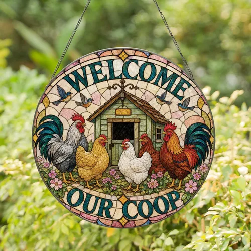 Farmhouse Chicken Coop Stained Glass Welcome Sign For Kitchen Porch And Garden Decor Stained Glass Suncatcher