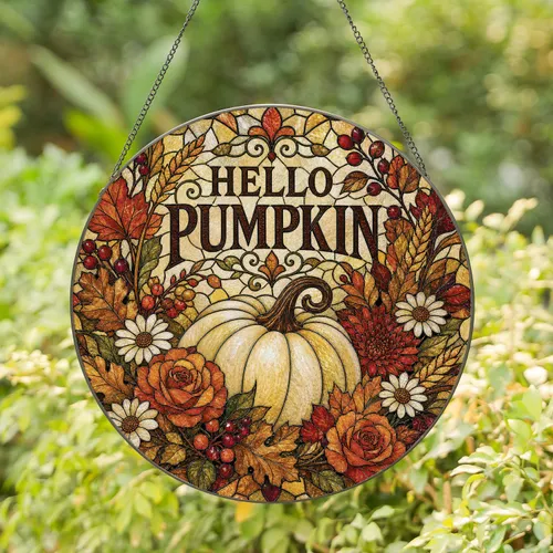 Hello Pumpkin Stained Glass Autumn Floral Harvest Decor for Thanksgiving Farmhouse Homes Stained Glass Suncatcher