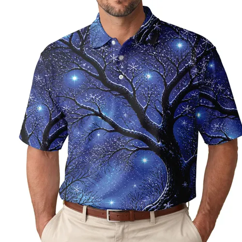 Enchanted Winter Tree Under Starry Cobalt Sky for Holiday Nights and Nature Lovers Men's Polo Shirt
