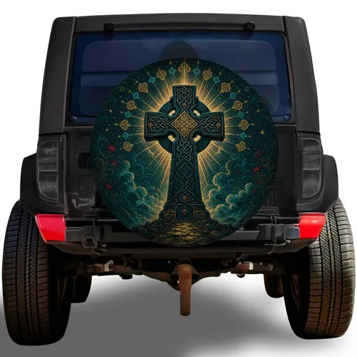 Celtic Stone Cross And Golden Sunburst For Outdoor Off Road Adventure Vehicle Style Spare Tire Cover