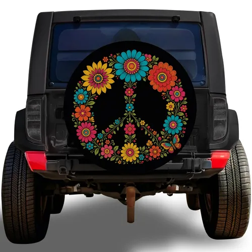 Colorful Floral Peace Sign for Hippie Road Trips and Retro Boho Jeep Travel Adventures Spare Tire Cover