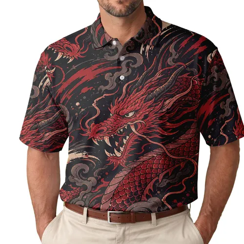 Crimson Dragon Tattoo Style Streetwear For Festivals, Beach Trips, Dates And Men Men's Polo Shirt