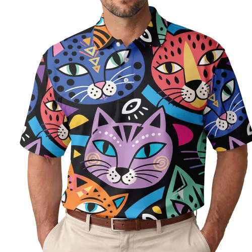 Colorful Pop Art Cat Faces for Festivals, Parties and Everyday Statement Looks Men's Polo Shirt