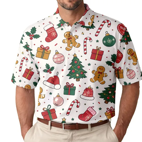 Christmas Candy Canes Gingerbread And Evergreen Trees For Festive Holiday Outfits Men's Polo Shirt