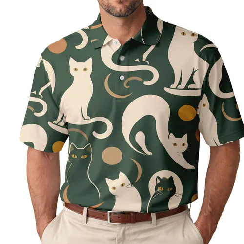 Mid Century Black And Cream Cat Motif For Casual Weekends, Travel, And Resort Wear For Men Men's Polo Shirt