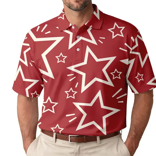 White Outline Stars On Crimson Red For Casual Summer Outfits And Travel Men's Polo Shirt