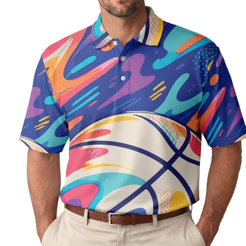Colorful Abstract Basketball For Men's Summer Streetwear, Beach Days And Casual Outings Men's Polo Shirt