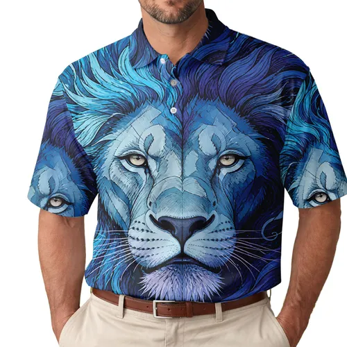 Blue Flame Lion Head Streetwear For Beach Trips, Music Festivals And Weekend Outings Men's Polo Shirt