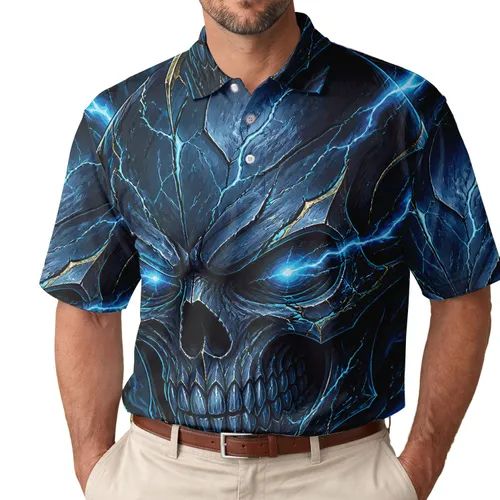 Electric Blue Lightning Skull Dark Fantasy Metal Streetwear For Gothic Festival Fans Men's Polo Shirt