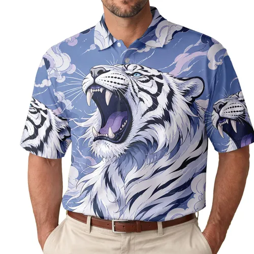 Roaring White Tiger Clouds For Summer Vacation, Beach Days And Casual Men's Style Men's Polo Shirt