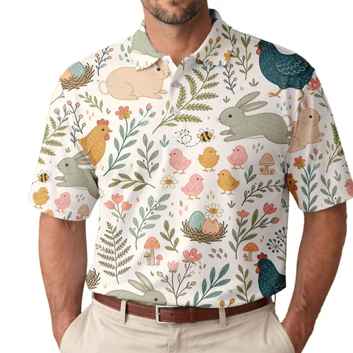 Scandinavian Folk Art Rabbits Chicks And Hens For Spring Picnics And Garden Days Men's Polo Shirt
