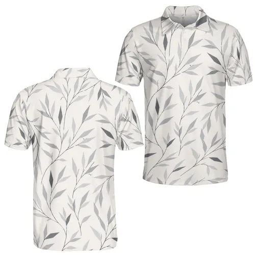 Gray Botanical Leaf Motif For Refined Casual Wear, Resort Days, And Office Style Men's Polo Shirt