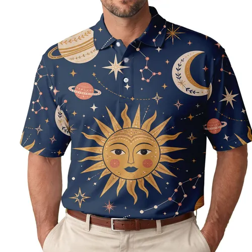 Celestial Sun And Moon Night Sky All Over For Vacation Travel And Festival Style Men's Polo Shirt