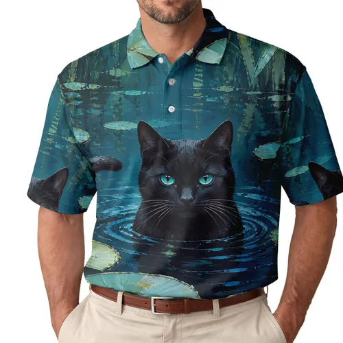 Black Cat In Water Lily Pond Scene For Moonlit Garden Evenings And Cat Lovers Alike Men's Polo Shirt