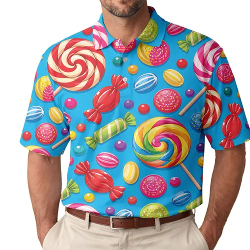 Colorful Lollipop And Candy Allover Summer Casual Resort Wear For Men Beach Vacations Men's Polo Shirt