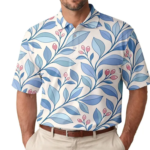 Blue Leaf And Pink Vine Resort Botanical Style For Beach Vacations And Casual Menswear Men's Polo Shirt
