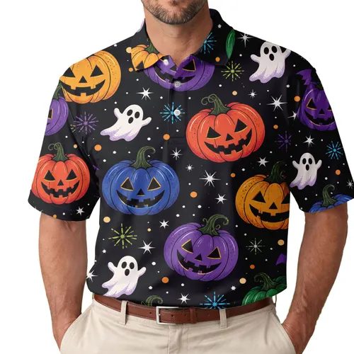 Colorful Halloween Pumpkins And Ghosts For Parties, Fall Outings And Casual Wear Men's Polo Shirt